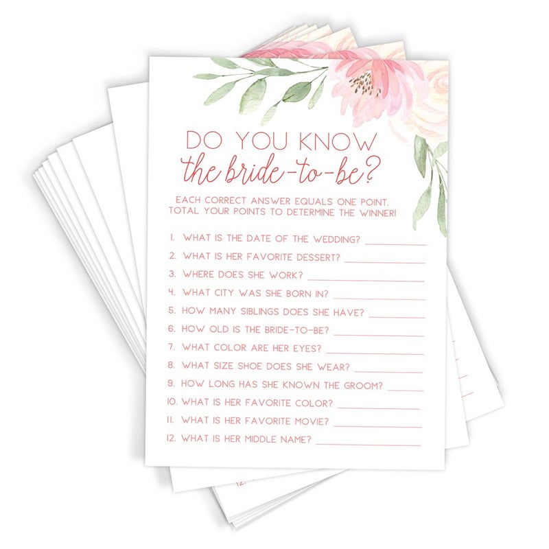 Printed Party Bridal Shower Games â€“ Do You Know Game with Fun Bride-to-Be Trivia, Wedding Shower Activity, Pink Floral Design, 50 Guests - Image 1